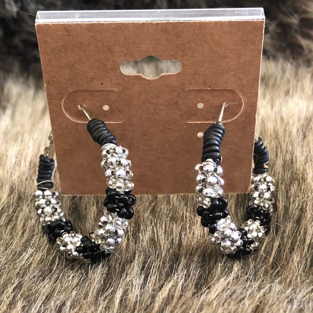 Hand crafted black and silver bead hoop earrings